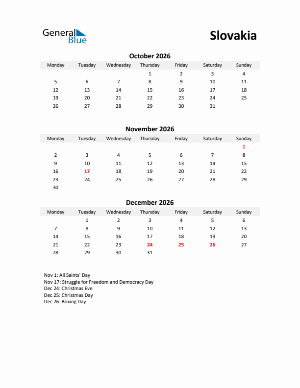 Printable Quarterly Calendar with Notes and Slovakia Holidays- Q4 of 2026