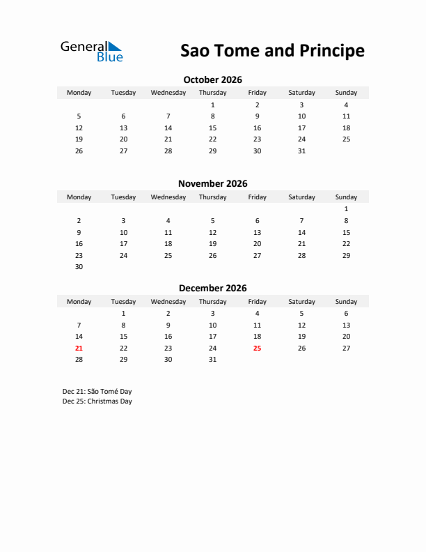 Printable Quarterly Calendar with Notes and Sao Tome and Principe Holidays- Q4 of 2026