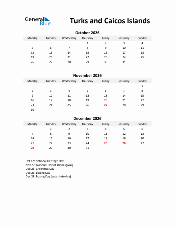 Printable Quarterly Calendar with Notes and Turks and Caicos Islands Holidays- Q4 of 2026