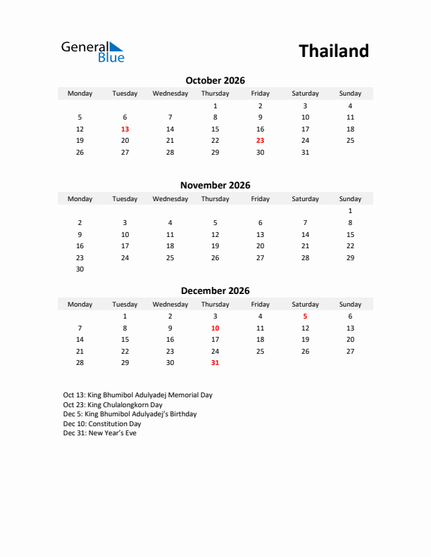 Printable Quarterly Calendar with Notes and Thailand Holidays- Q4 of 2026