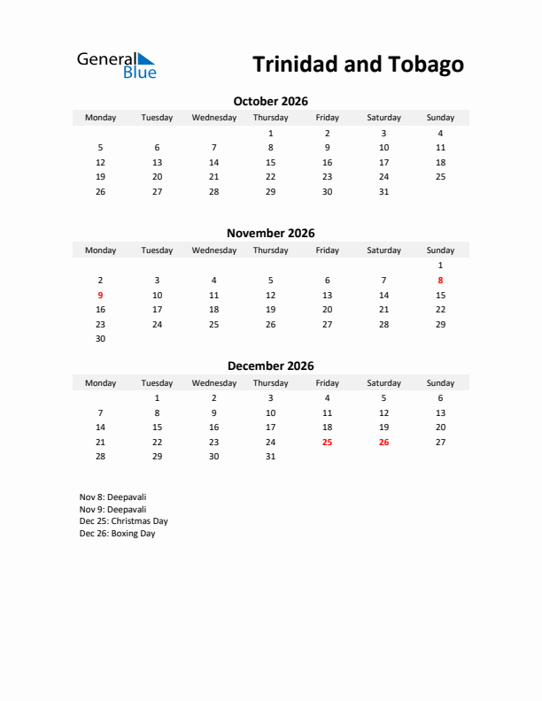 Printable Quarterly Calendar with Notes and Trinidad and Tobago Holidays- Q4 of 2026