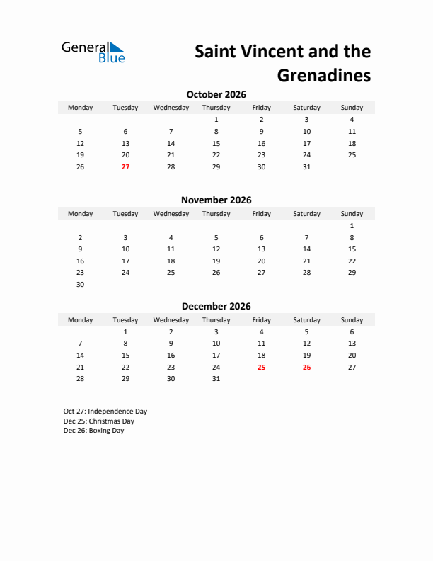Printable Quarterly Calendar with Notes and Saint Vincent and the Grenadines Holidays- Q4 of 2026