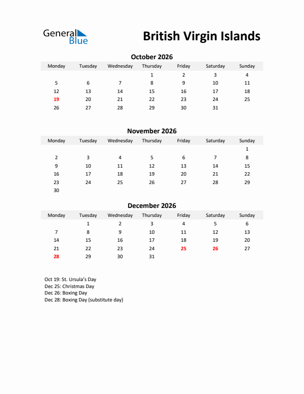 Printable Quarterly Calendar with Notes and British Virgin Islands Holidays- Q4 of 2026
