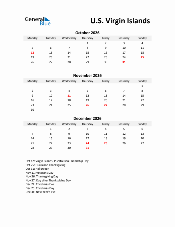 Printable Quarterly Calendar with Notes and U.S. Virgin Islands Holidays- Q4 of 2026