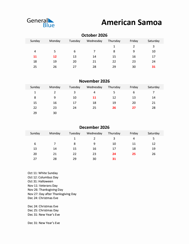 Printable Quarterly Calendar with Notes and American Samoa Holidays- Q4 of 2026