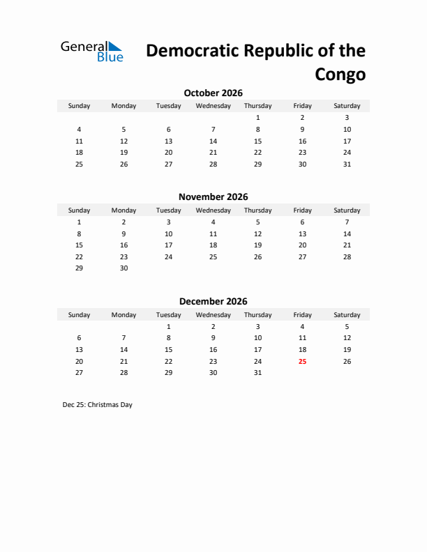 Printable Quarterly Calendar with Notes and Democratic Republic of the Congo Holidays- Q4 of 2026