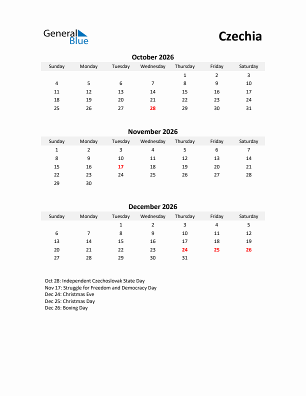 Printable Quarterly Calendar with Notes and Czechia Holidays- Q4 of 2026