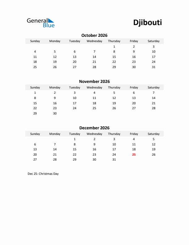 Printable Quarterly Calendar with Notes and Djibouti Holidays- Q4 of 2026