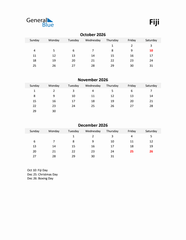 Printable Quarterly Calendar with Notes and Fiji Holidays- Q4 of 2026