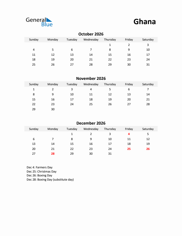 Printable Quarterly Calendar with Notes and Ghana Holidays- Q4 of 2026
