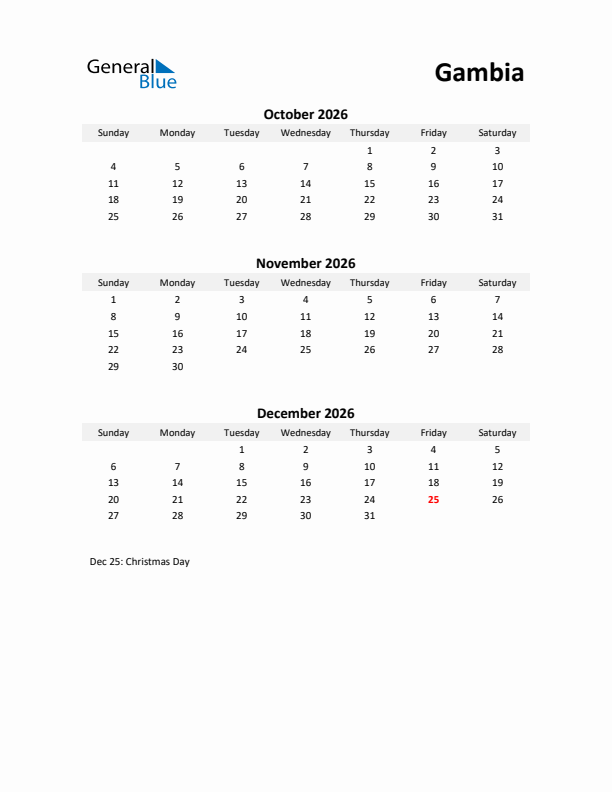 Printable Quarterly Calendar with Notes and Gambia Holidays- Q4 of 2026