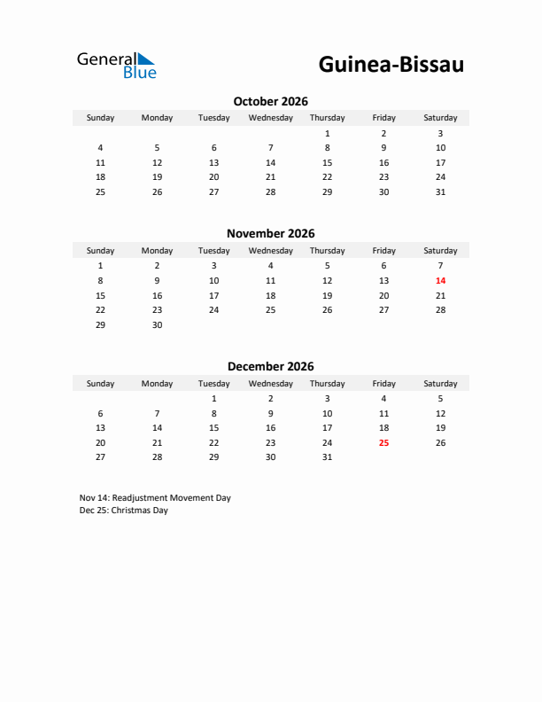 Printable Quarterly Calendar with Notes and Guinea-Bissau Holidays- Q4 of 2026