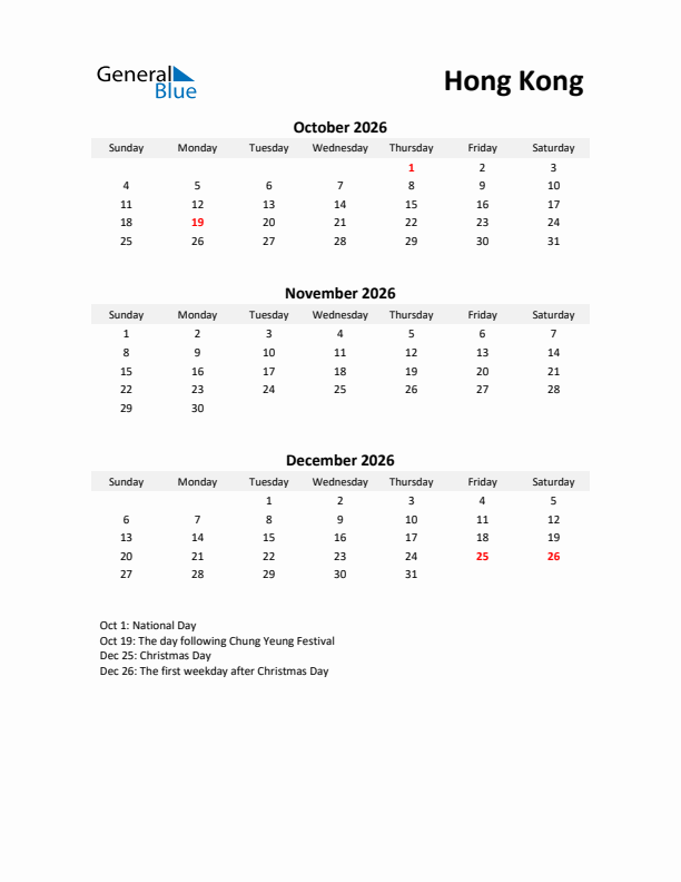 Printable Quarterly Calendar with Notes and Hong Kong Holidays- Q4 of 2026