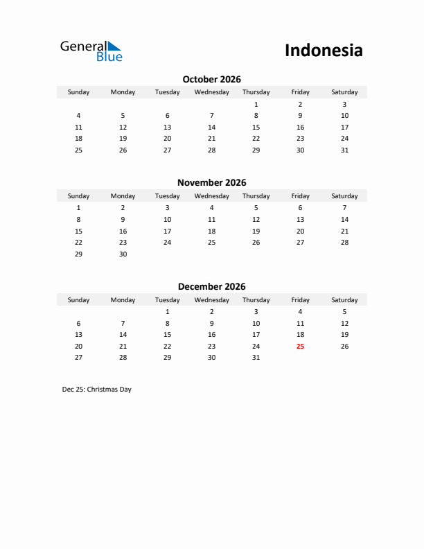 Printable Quarterly Calendar with Notes and Indonesia Holidays- Q4 of 2026