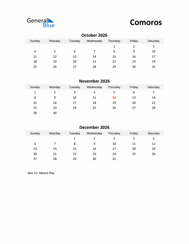 Printable Quarterly Calendar with Notes and Comoros Holidays- Q4 of 2026