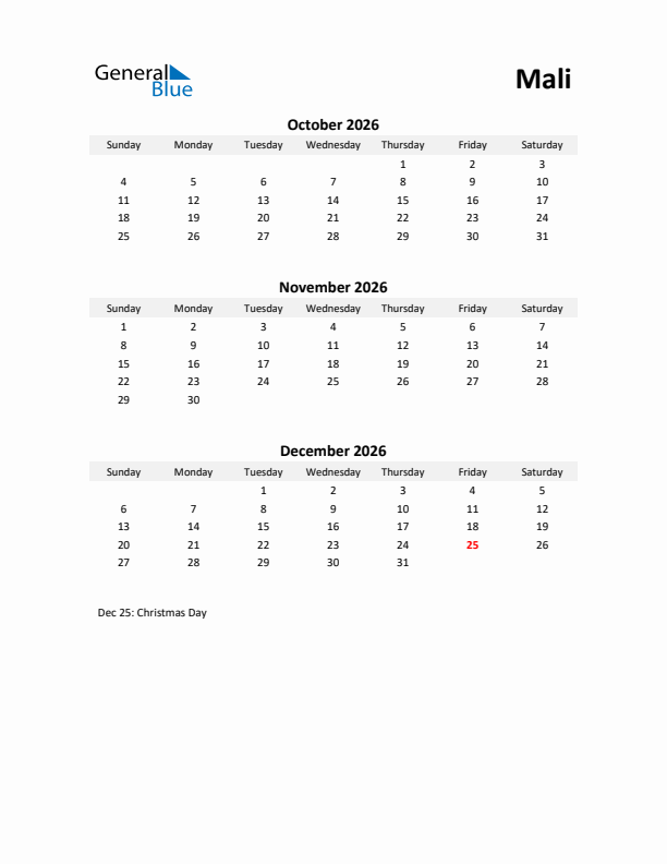 Printable Quarterly Calendar with Notes and Mali Holidays- Q4 of 2026