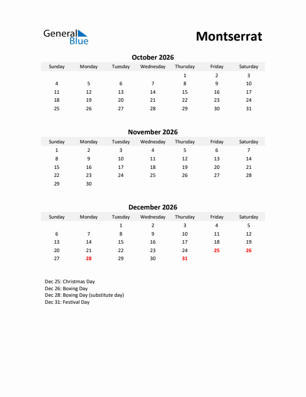 Printable Quarterly Calendar with Notes and Montserrat Holidays- Q4 of 2026