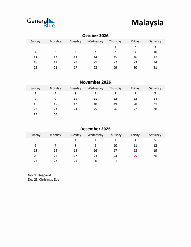 Printable Quarterly Calendar with Notes and Malaysia Holidays- Q4 of 2026