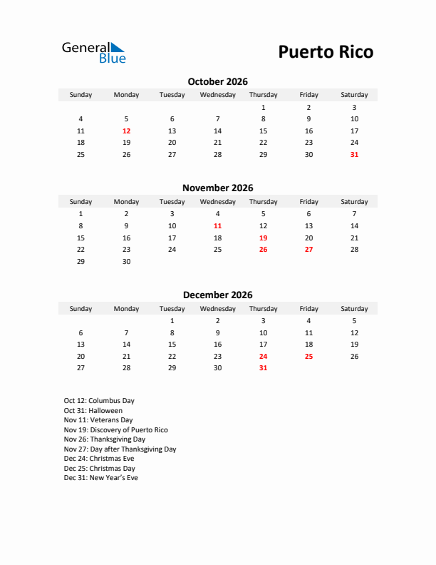 Printable Quarterly Calendar with Notes and Puerto Rico Holidays- Q4 of 2026