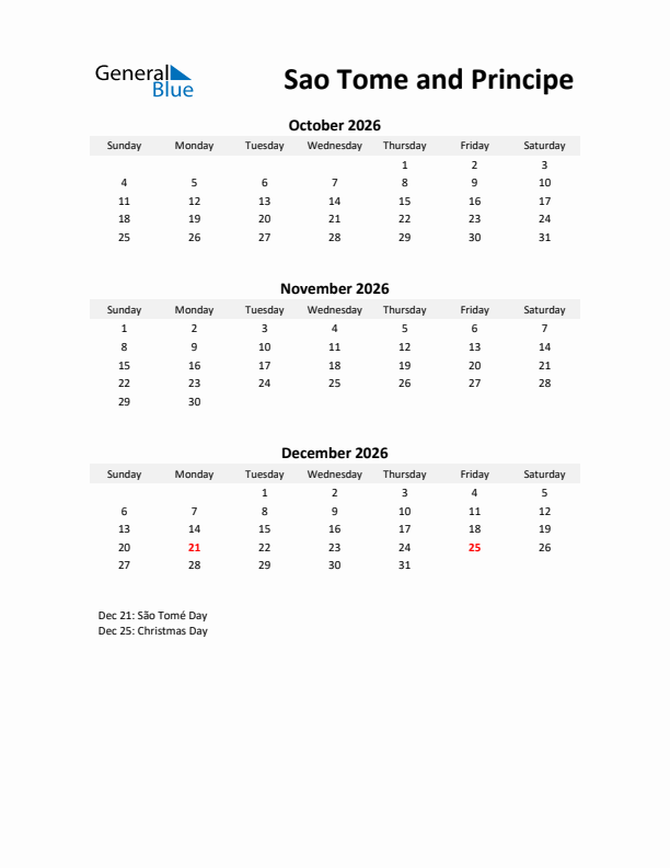Printable Quarterly Calendar with Notes and Sao Tome and Principe Holidays- Q4 of 2026