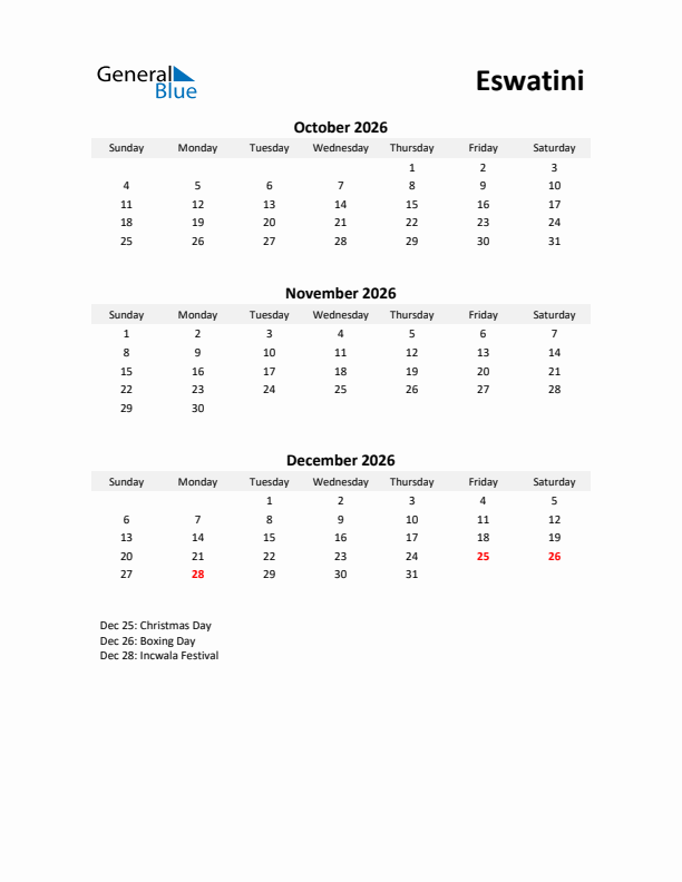 Printable Quarterly Calendar with Notes and Eswatini Holidays- Q4 of 2026