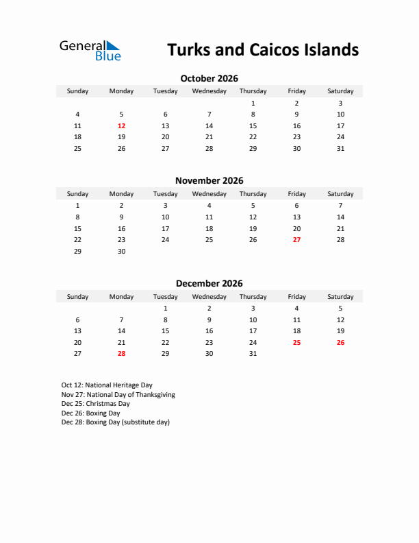 Printable Quarterly Calendar with Notes and Turks and Caicos Islands Holidays- Q4 of 2026