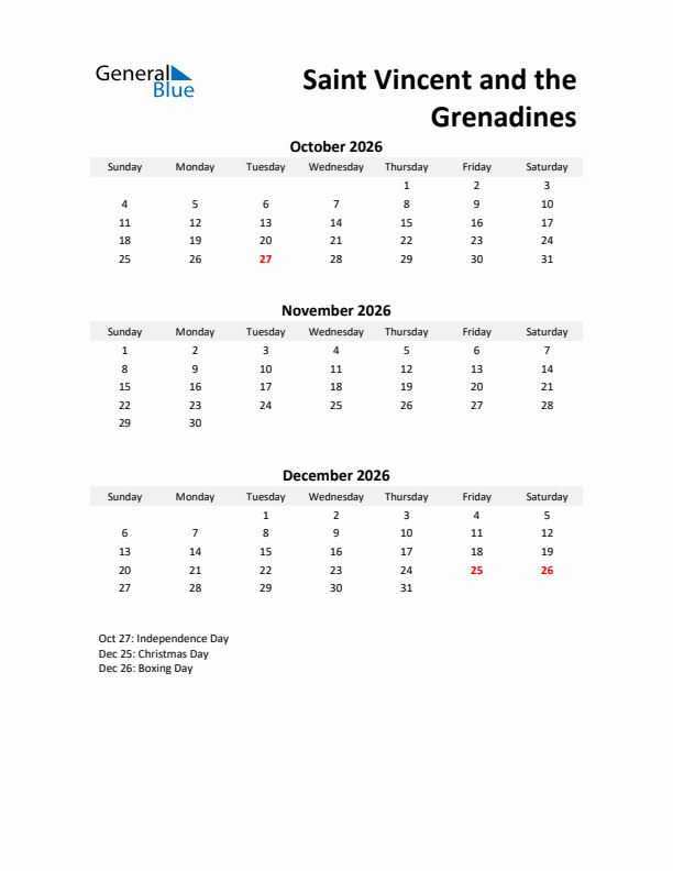 Printable Quarterly Calendar with Notes and Saint Vincent and the Grenadines Holidays- Q4 of 2026