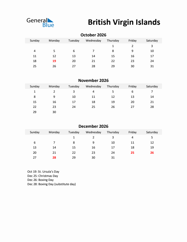 Printable Quarterly Calendar with Notes and British Virgin Islands Holidays- Q4 of 2026