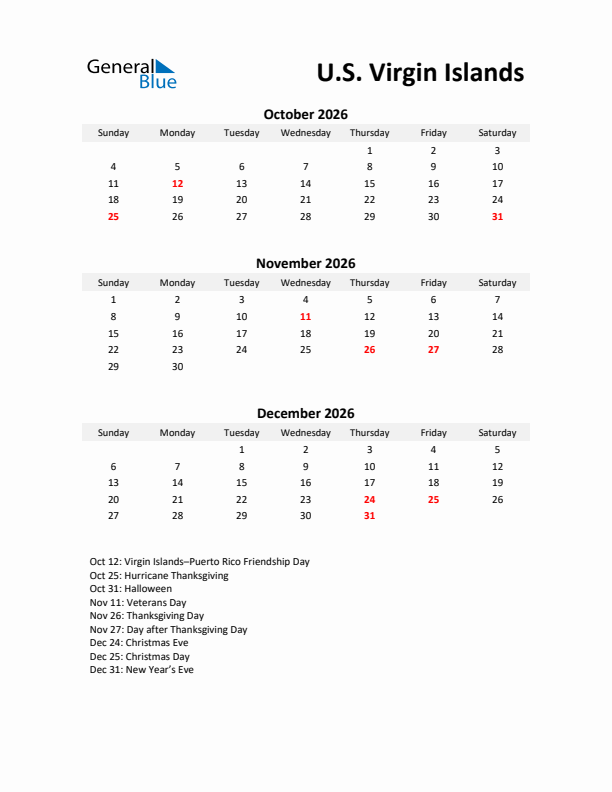 Printable Quarterly Calendar with Notes and U.S. Virgin Islands Holidays- Q4 of 2026