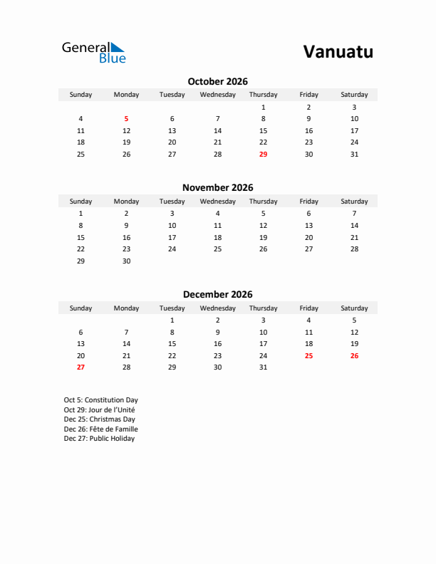 Printable Quarterly Calendar with Notes and Vanuatu Holidays- Q4 of 2026