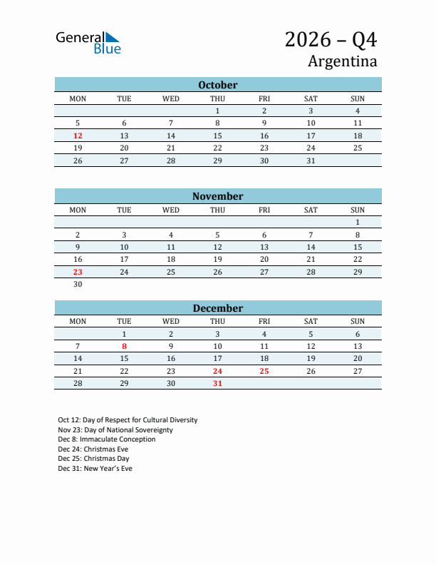 Three-Month Planner for Q4 2026 with Holidays - Argentina
