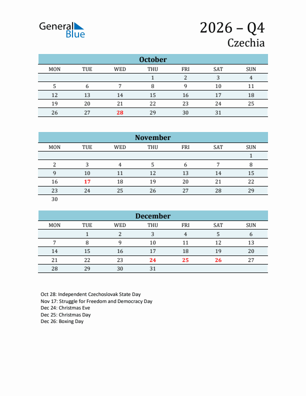 Three-Month Planner for Q4 2026 with Holidays - Czechia