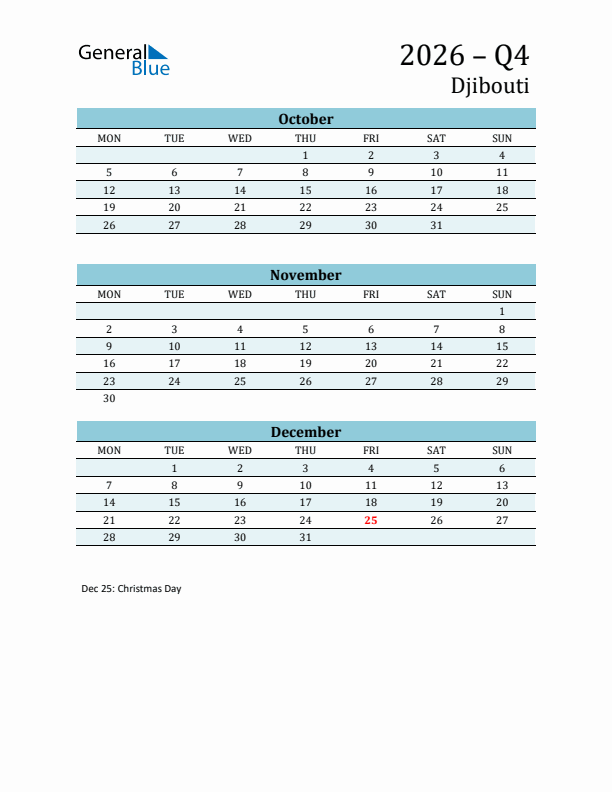 Three-Month Planner for Q4 2026 with Holidays - Djibouti