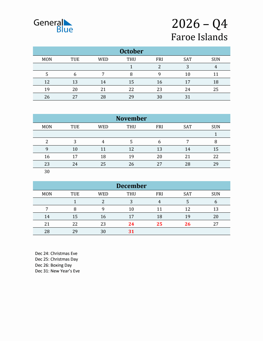 Three-Month Planner for Q4 2026 with Holidays in Faroe Islands - Monday ...