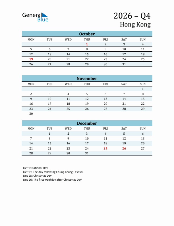 Three-Month Planner for Q4 2026 with Holidays - Hong Kong