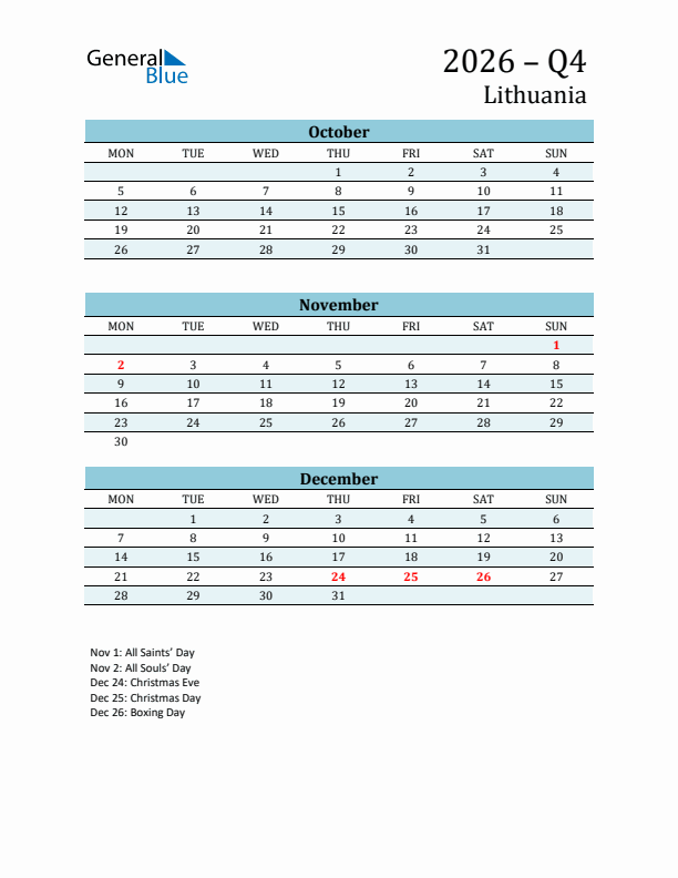 Three-Month Planner for Q4 2026 with Holidays - Lithuania