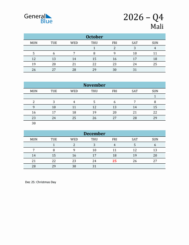 Three-Month Planner for Q4 2026 with Holidays - Mali
