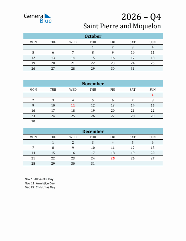 Three-Month Planner for Q4 2026 with Holidays - Saint Pierre and Miquelon