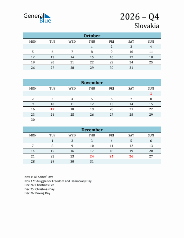 Three-Month Planner for Q4 2026 with Holidays - Slovakia
