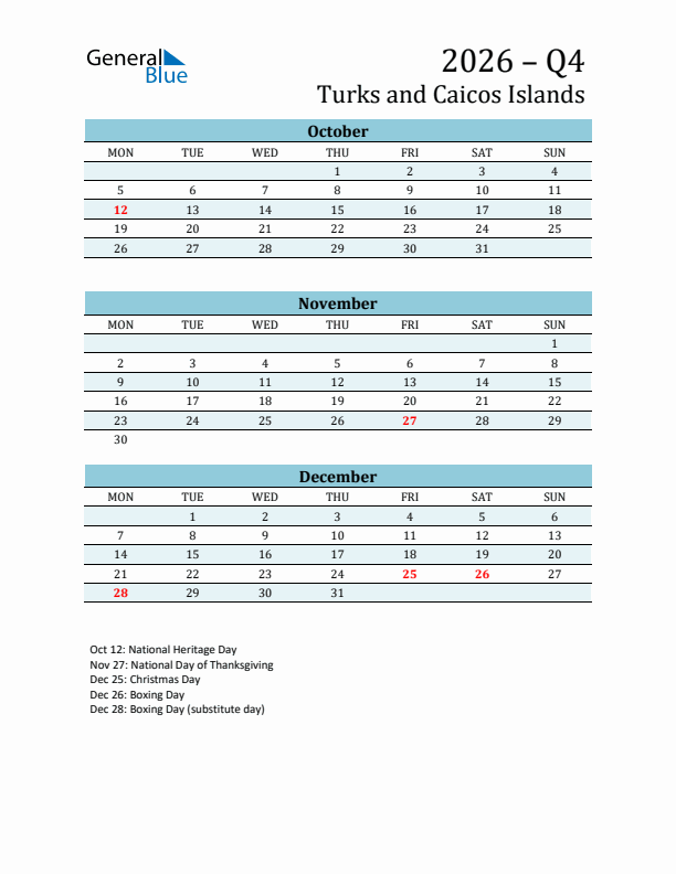 Three-Month Planner for Q4 2026 with Holidays - Turks and Caicos Islands