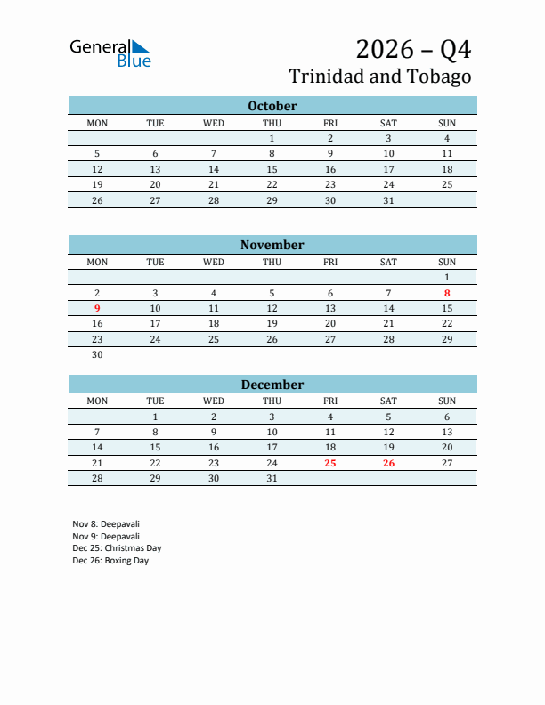 Three-Month Planner for Q4 2026 with Holidays - Trinidad and Tobago