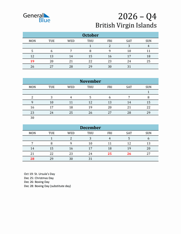 Three-Month Planner for Q4 2026 with Holidays - British Virgin Islands