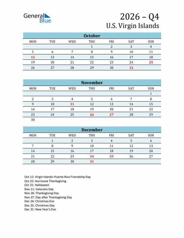 Three-Month Planner for Q4 2026 with Holidays - U.S. Virgin Islands
