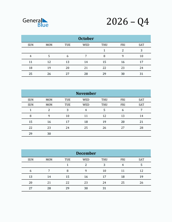 Quarter 4 2026 calendar template