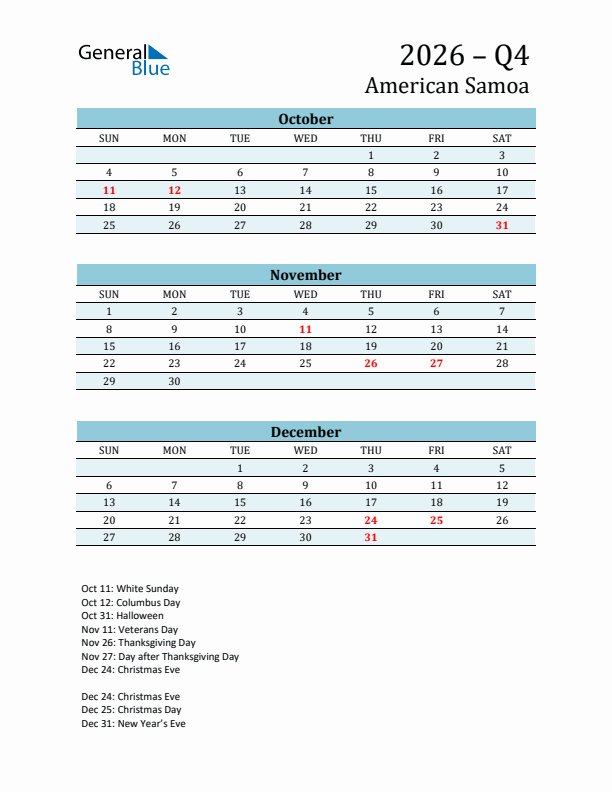 Three-Month Planner for Q4 2026 with Holidays - American Samoa