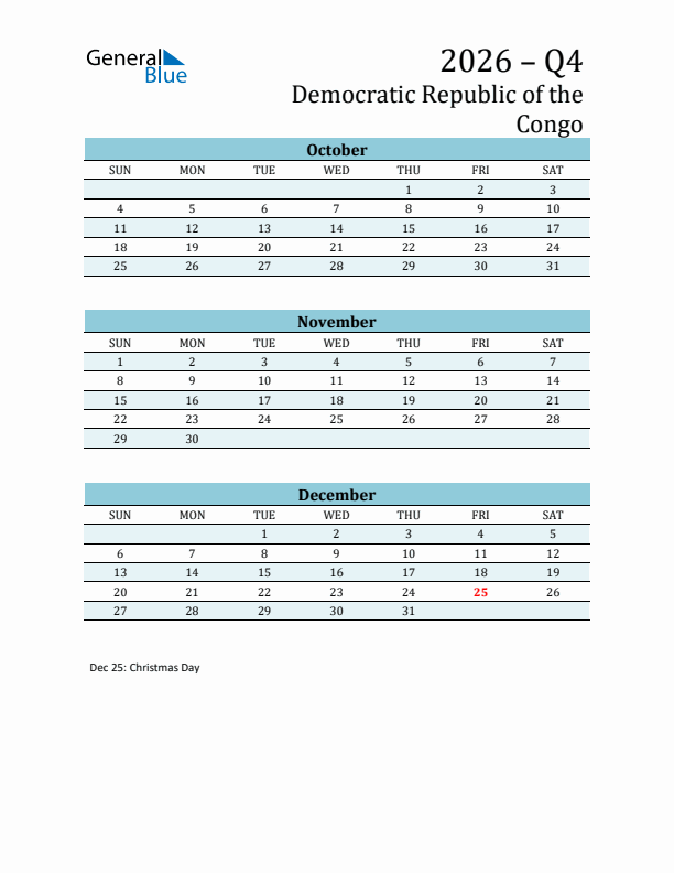 Three-Month Planner for Q4 2026 with Holidays - Democratic Republic of the Congo
