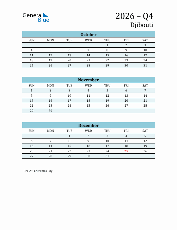 Three-Month Planner for Q4 2026 with Holidays - Djibouti
