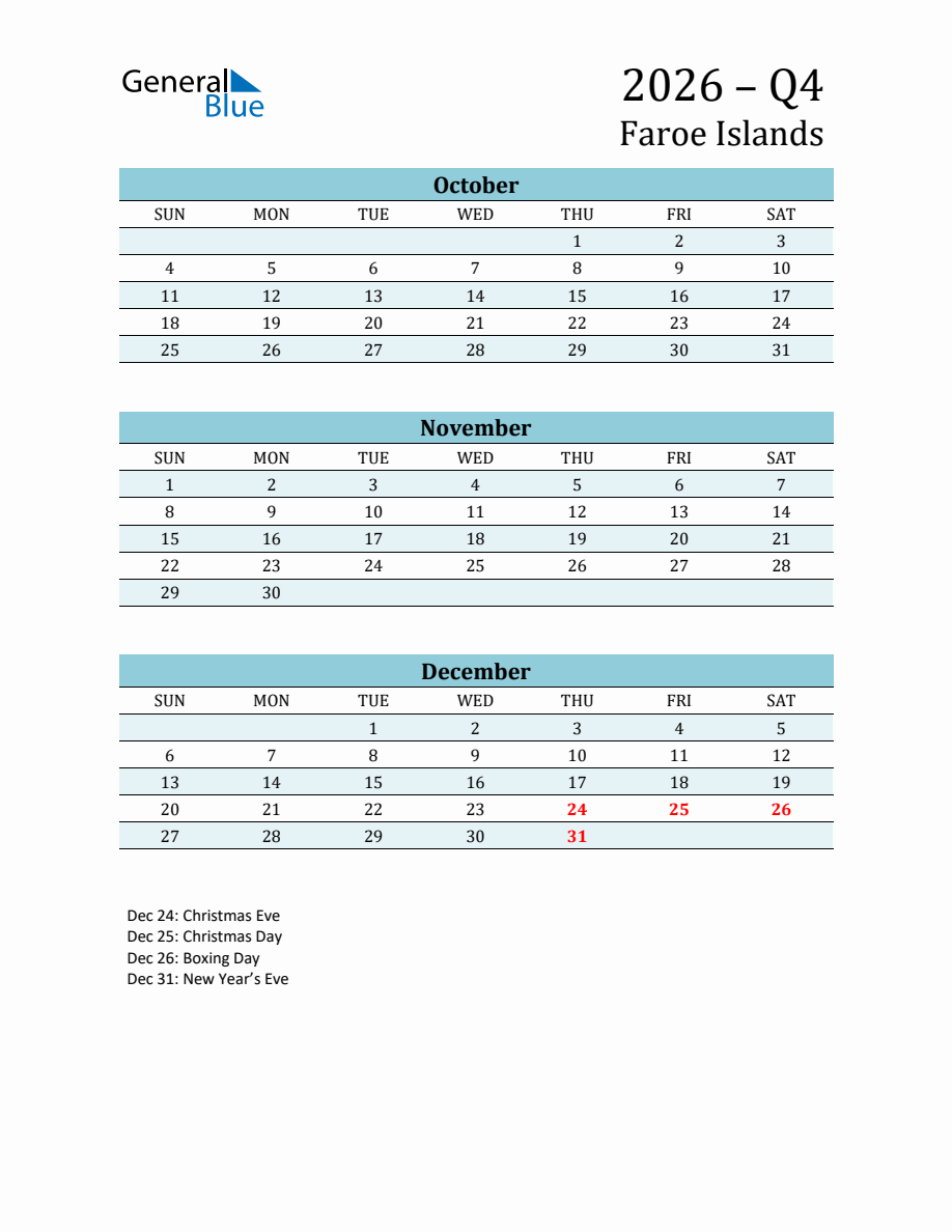Three-Month Planner for Q4 2026 with Holidays in Faroe Islands