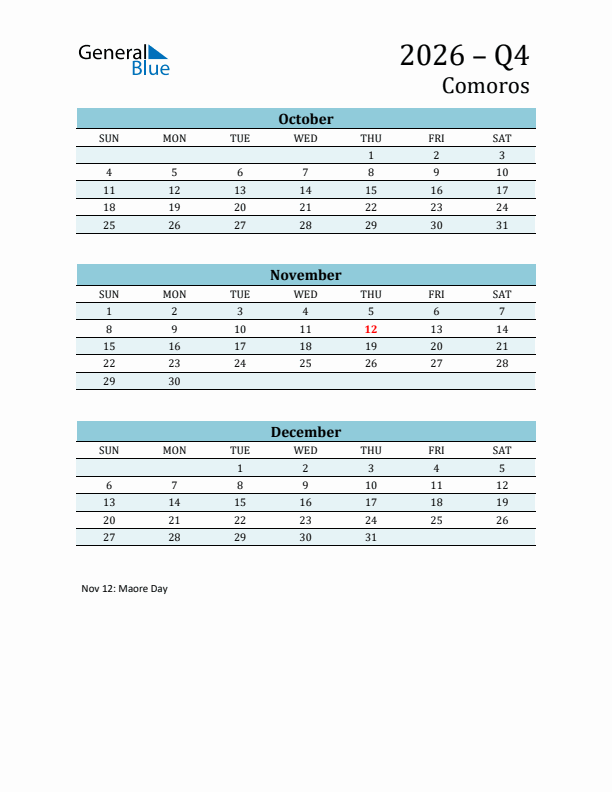 Three-Month Planner for Q4 2026 with Holidays - Comoros