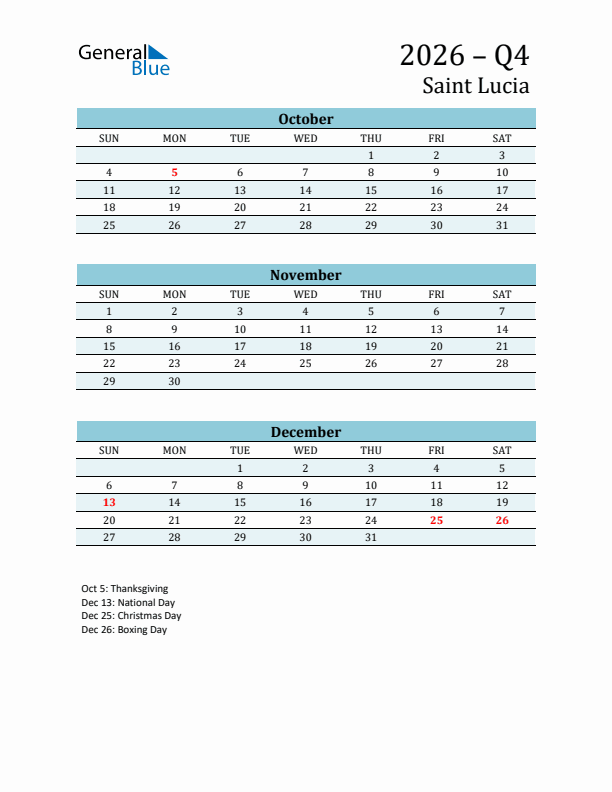 Three-Month Planner for Q4 2026 with Holidays - Saint Lucia